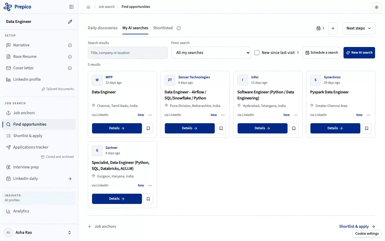 Smart Job Search & Opportunity Tracking. - Prepico AI resume builder and job workspace
